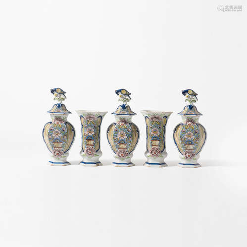 A Dutch Delft polychrome earthenware five-piece garniture