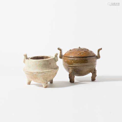 Two Chinese archaic glazed earthenware censers, ding