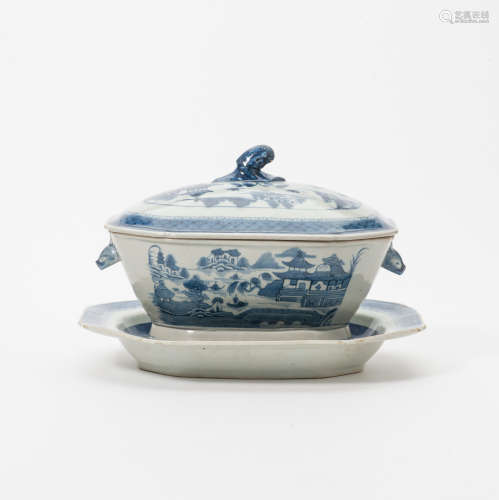 A Chinese Canton blue and white octagonal soup-tureen, cover and stand for the American market