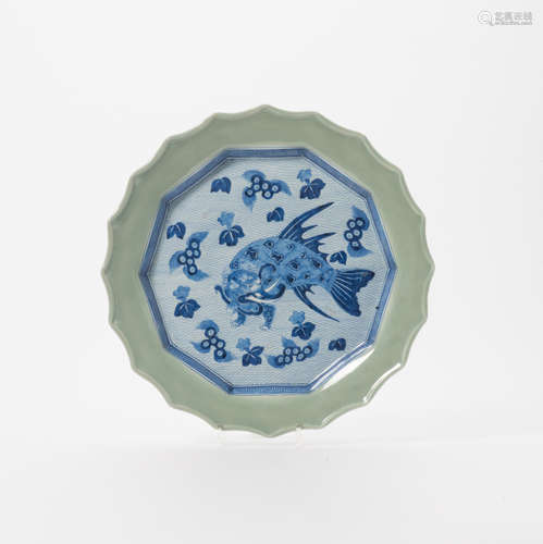 A Japanese blue and white and celadon dish