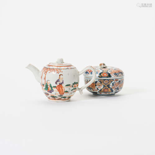 A Chinese 'Dutch-decorated' teapot and cover and a Japanese Imari bowl and cover