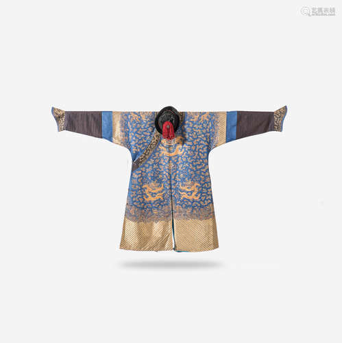 A Chinese embroidered blue silk court robe, Jifu, and a mandarin's hat