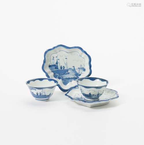 A pair of Japanese Arita blue and white teabowls and a pair of pattipans