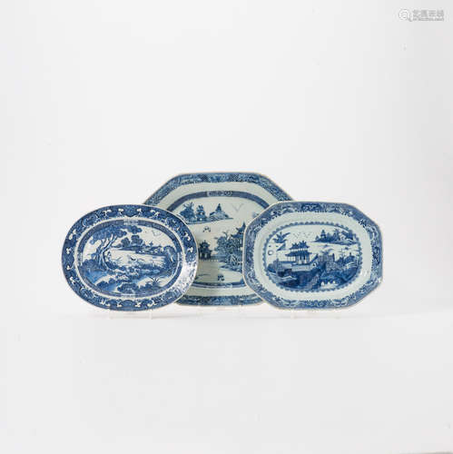 Three Chinese blue and white serving dishes