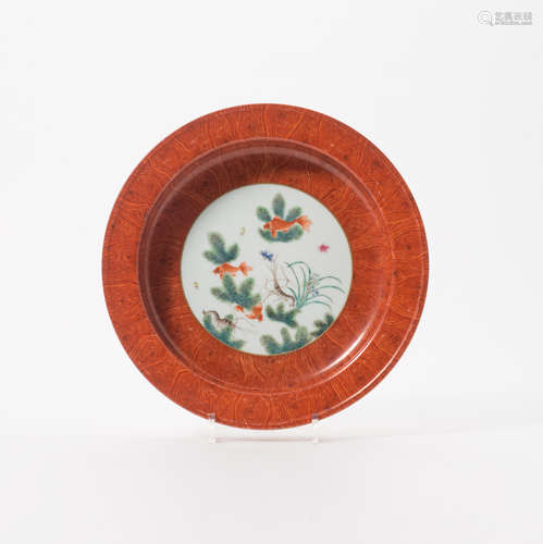 A Chinese famille rose and faux bois dish