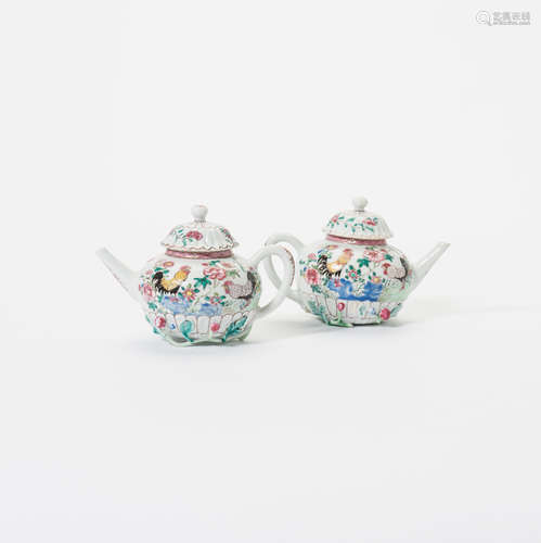 A pair of Chinese famille rose 'cockerel' teapots and covers