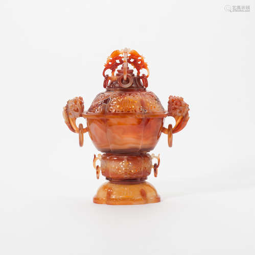 A Chinese carnelian agate archaic censer and cover