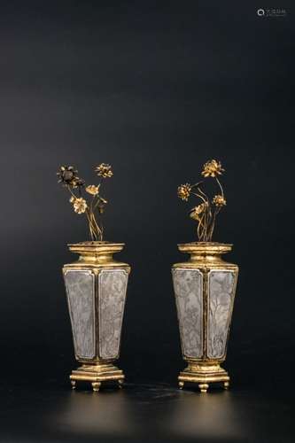 Qing D., A Pair of Bronze with Silver Vases