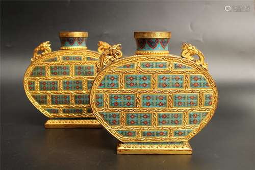 A Pair of Gilt Bronze Enamel Flat Vases