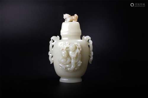 Qing D., A Jade Carved Vase with Beast Lid