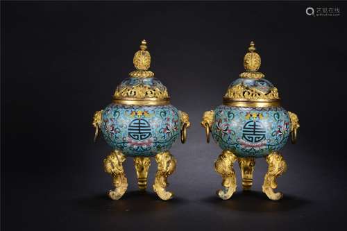 Qing D., A Pair of Cloisonne Beast Censers