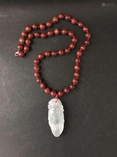 An Ice Jadeite Pendant with Red Agate Necklace