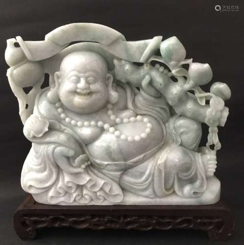 A Jadeite Buddha Ornament with Wood Stand