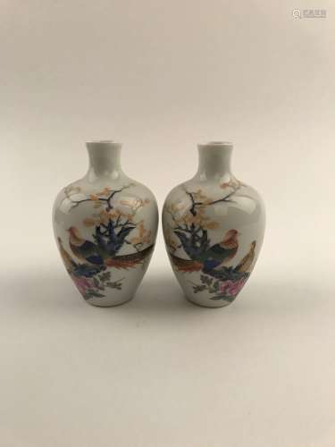 Pair Chinese Enamel Bird Vase