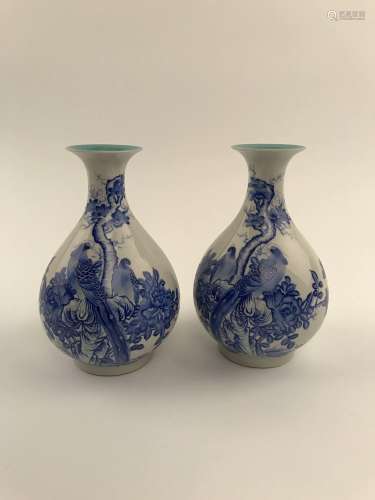 Pair Chinese Enamel Blue Bird Vase