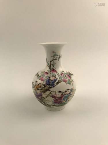 Fine Famille Rose Vase with Kids Climb Peach Tree with Qianlong Mark