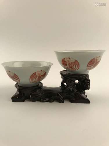 Pair Red Glazed Phoenix Bowl with Yongzheng Mark