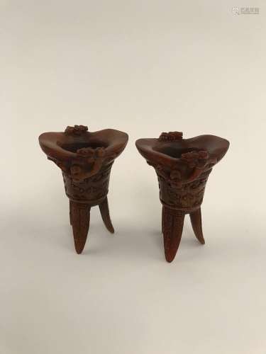 Pair of Chinese Ox Horn Carved Wine Cups