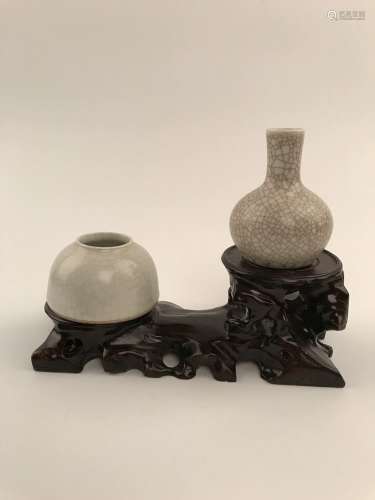 Chinese Kuan Type Vase and Brush Washer