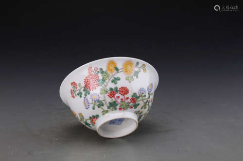 Chinese Famille Rose Bowl Painted with Flowers Marked 