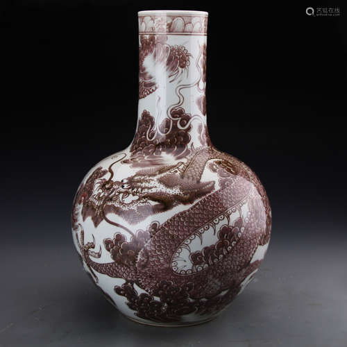 Chinese Iron Red Glazed Vase Painted with Dragon Marked 