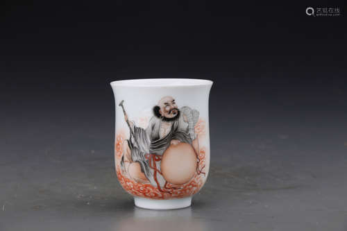 Chinese Republic Style Iron Red Cup Painted with Figures W:7cm H:9cm