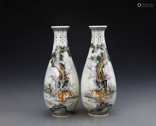 Pair of Chinese Republic Style Famille Rose Vase Painted with Horses and Pine Tree Marked 