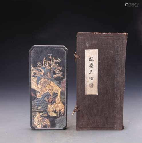 Chinese Qing Style Ink Brick Painted with Figures L:23cm W:10cm