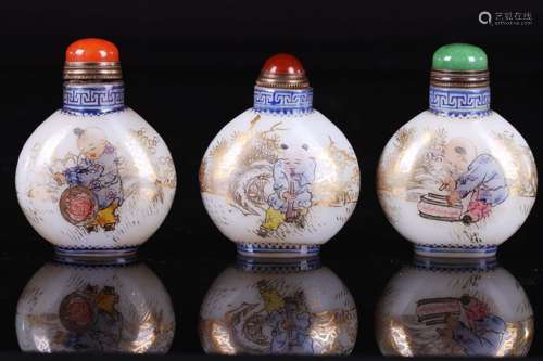 Set of Three Chinese Enameled Peking Glass Snuff Bottle Painted with Child Marked 