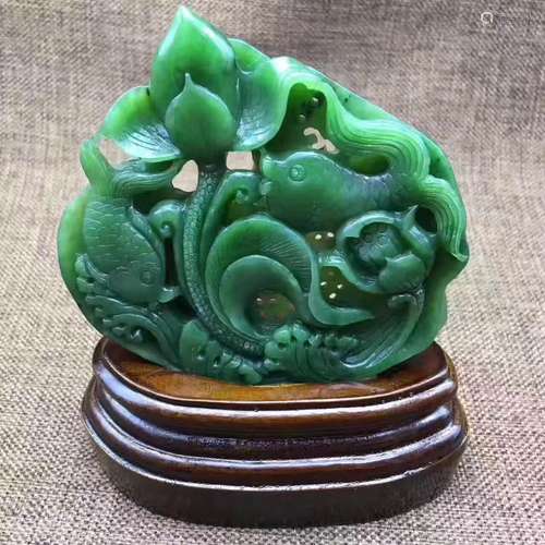 Chinese Spinach Jade Ornament Carved with Lotus and Fishes W:10cm H:9.9cm