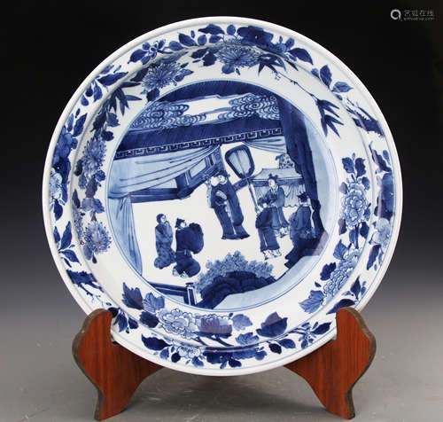 Chinese Qing Styled Blue and White Charger Painted with Figures W:38cm