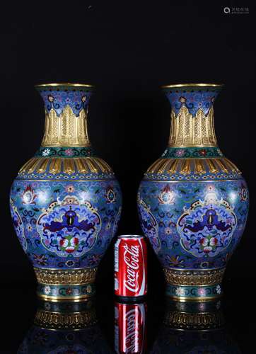 Pair of Chinese Cloisonne Enameled Vase Painted with Flowers and Bats Marked 