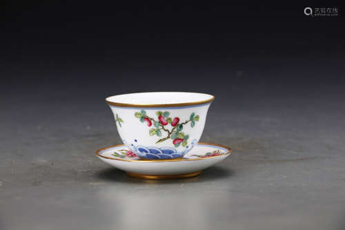 Chinese Famille Rose Cup and Holder Painted with Fruits Marked 