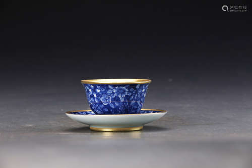 Chinese Blue and White Tea Cup with Holder Painted with Flowers Marked 