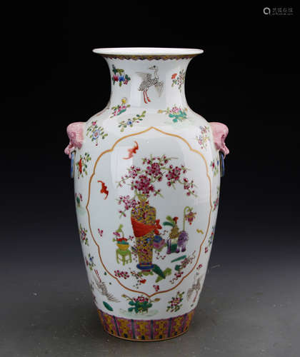 Chinese Famille Rose Zun Vase Painted with Birds and Figures Marked 