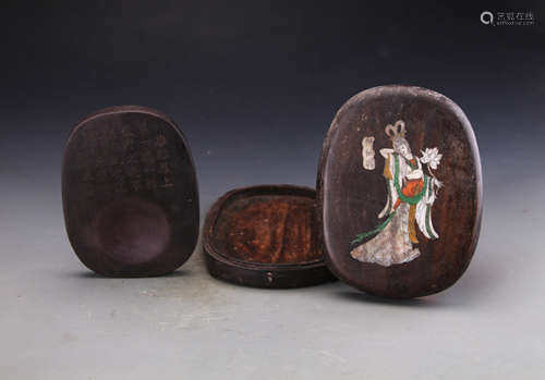 Chinese Inkstone with Hardwood Carved Box Inlaid with MOP L:20cm H:15cm