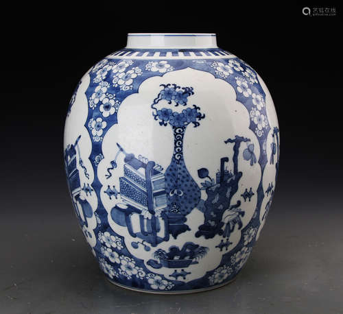 Chinese Qing Styled Blue and White Jar Painted with Figures W:26cm H:35cm