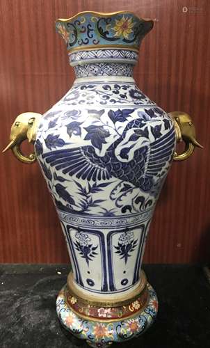 Chinese Ming Styled Blue and White Vase with Cloisonne Enameled Handles and Base Painted with Phoenix W:22cm H:53cm