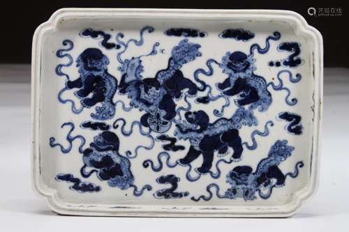 Chinese Qing Styled Blue and White Plate Painted with Fu Dogs L:24cm W:17cm H:2cm