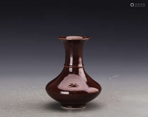 Chinese Qing Styled Brown Glazed Vase Carved With Bats Marked 