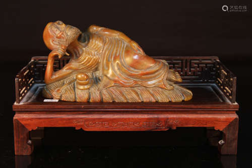 Chinese Qing Styled Shoushan Stone Sleeping Arhat with a Hardwood Base L:17cm W:6cm H:8cm