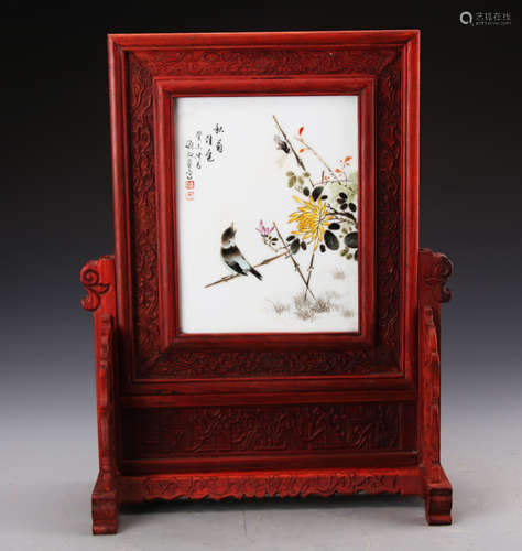 Chinese Famille Rose Table Screen with Hardwood Frame Painted wiht Birds and Flowers Marked 