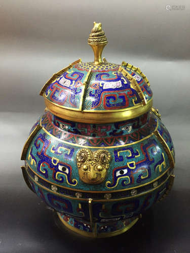 Chinese Cloisonne Jar Painted with Taotie Marked 