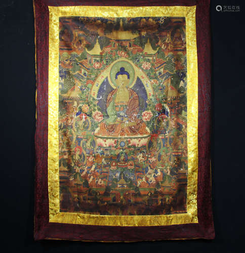 Chinese Tibetan Qing Styled Silk Tangka Painted with Buddha W:80cm H:120cm