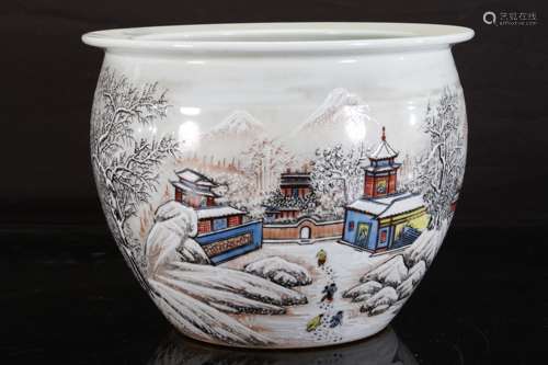 Chinese Famille Rose Tank Painted with Snow Covered Landscape Marked 