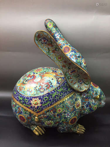 Chinese Cloisonne Rabbit Painted with Twine lotus Marked 