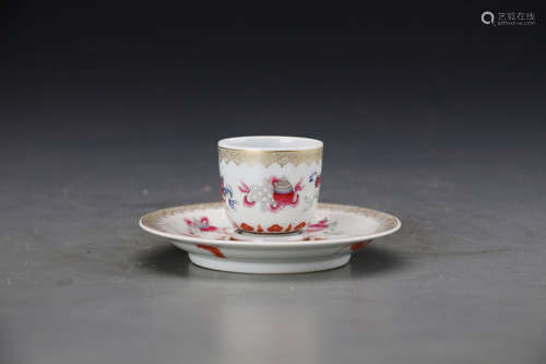 Chinese Famile Rose Cup with Holder Painted with The Eight Treasures Marked 