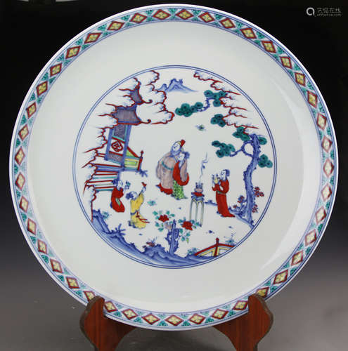 Chinese Dou Glazed Charger Painted with Figures Marked 