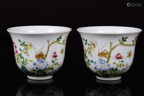 Pair of Chinese Famille Rose Wine Cups Painted with Flowers and Insects Marked 