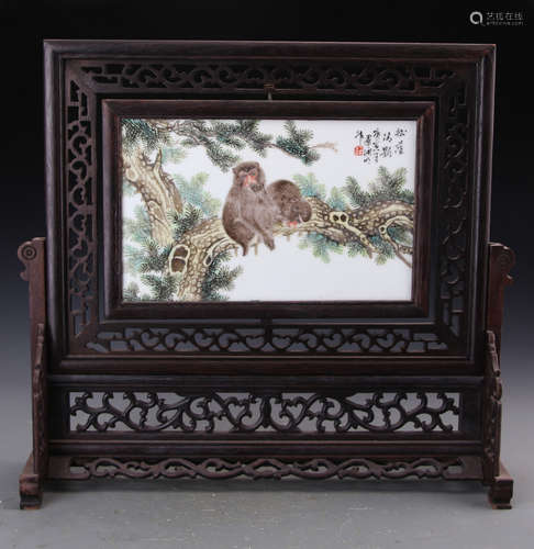 Chinese Famille Rose Table Screen Painted with Monkey and Pine Trees Marked 